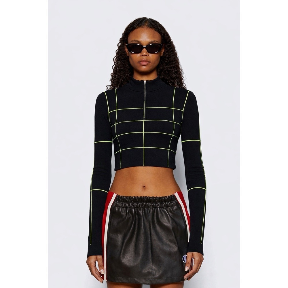 Say Anything Black Cropped Mock Neck Long Sleeve Top Neon Grid Print Size S